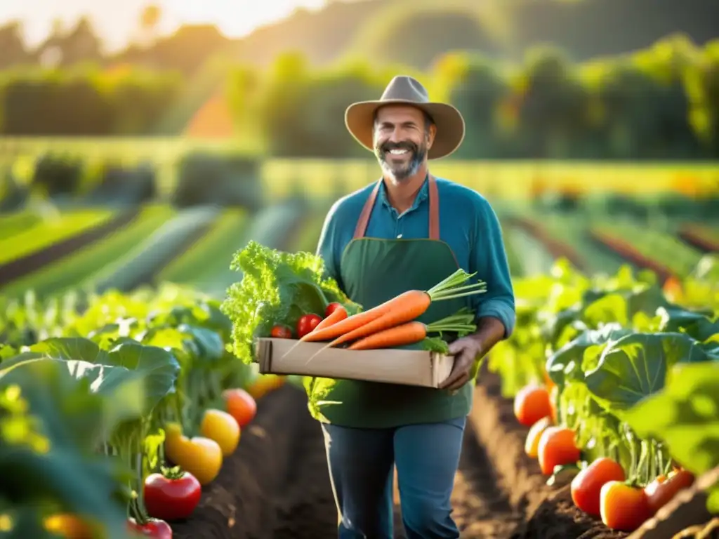Un granjero en un campo de verduras orgánicas saludables, sosteniendo zanahorias frescas. <b>Abundancia y belleza natural.
