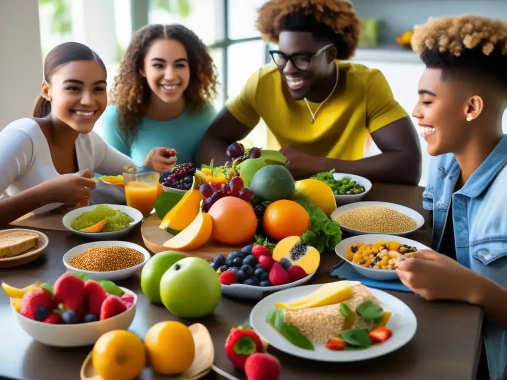 Un grupo de adolescentes disfruta de una comida colorida y nutritiva, reflejando sus necesidades nutricionales específicas en esta etapa de la vida.