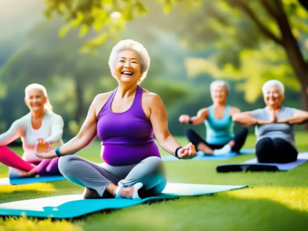 'Grupo de adultos mayores activos disfrutando de una clase de ejercicio al aire libre, irradiando vitalidad y alegría en un hermoso entorno natural. <b>Claves nutricionales tercera edad activa.'