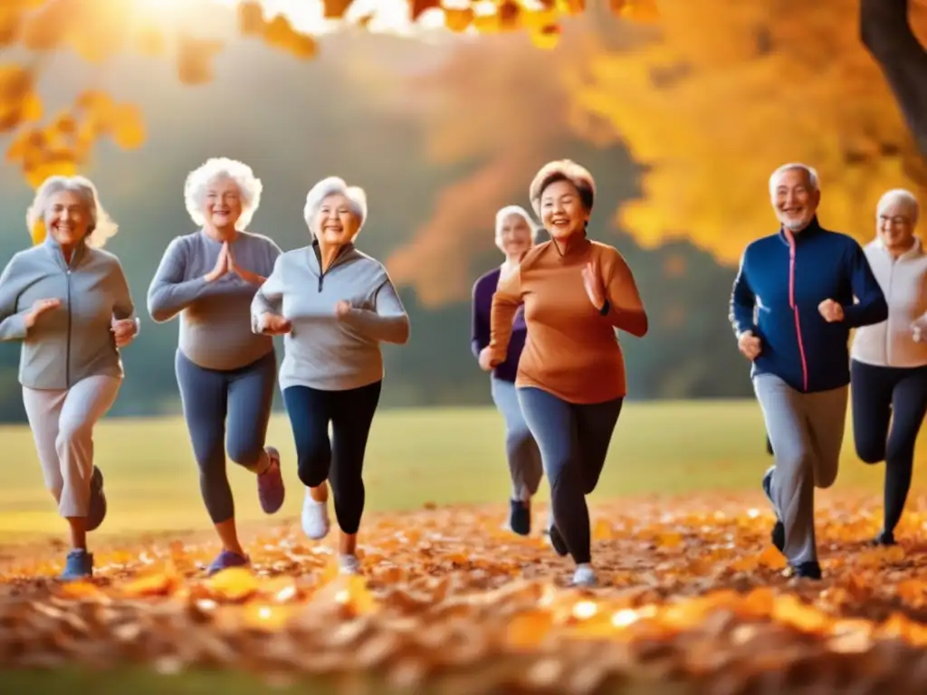 Un grupo de adultos mayores disfruta de una animada clase de ejercicio al aire libre bajo el cálido sol de otoño. Muestran vitalidad y alegría al participar en actividades como tai chi, yoga y estiramientos, resaltando los beneficios de la coenzima Q10 para el envejecimiento activo.