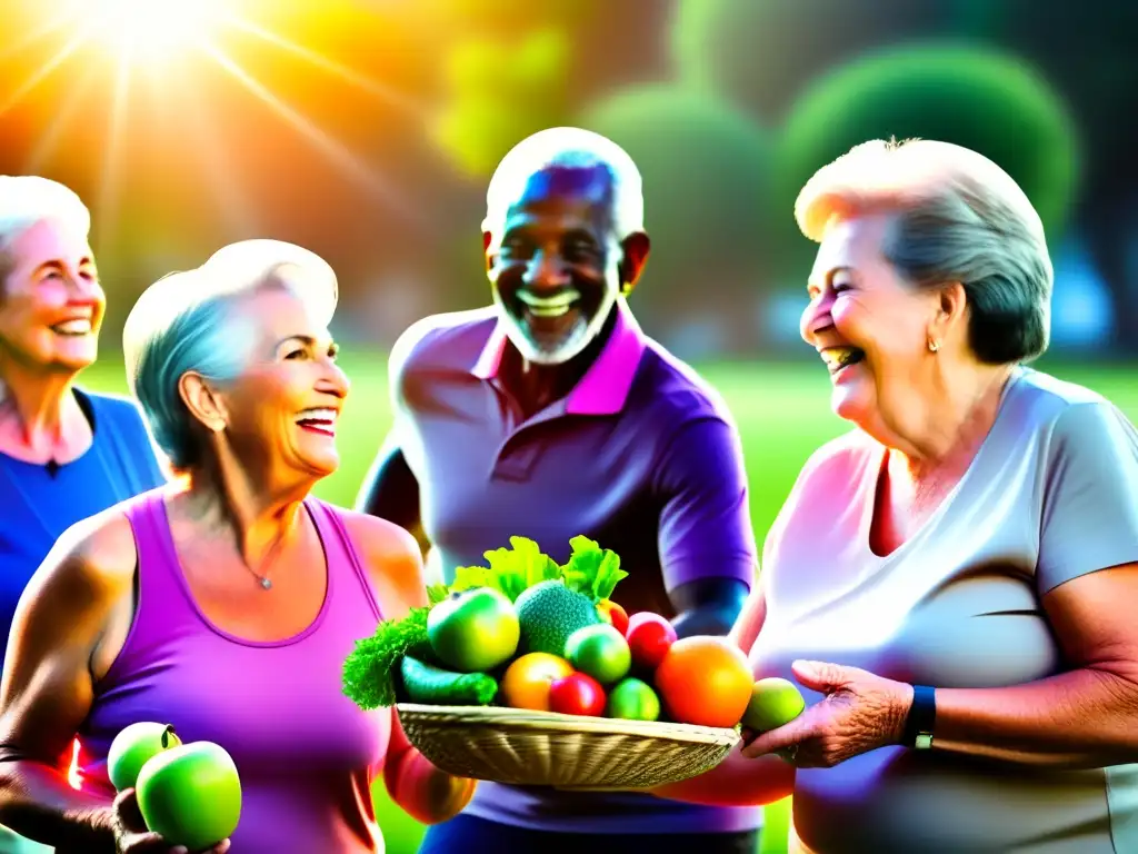 'Grupo de adultos mayores disfrutando de una clase de ejercicio al aire libre, mostrando la importancia de la nutrición saludable y el estilo de vida activo para adultos mayores, irradiando vitalidad y alegría. <b>Suplementos nutricionales para adultos mayores.'