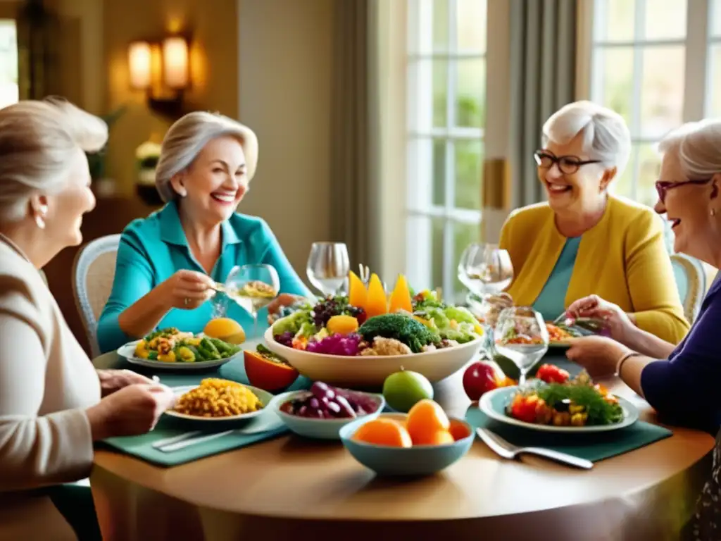 Un grupo de adultos mayores disfruta de una comida colorida y nutritiva en un ambiente cálido y acogedor, resaltando la importancia del aspecto social en la alimentación de los mayores.