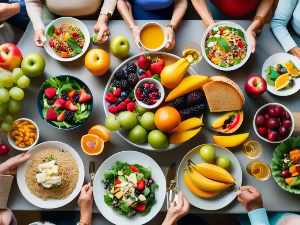 Un grupo de adultos mayores disfrutando de una dieta equilibrada en un evento social, compartiendo comida nutritiva en un ambiente cálido y acogedor.