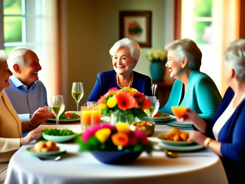 Un grupo de adultos mayores disfrutando juntos de una comida, resaltando la importancia del aspecto social en la alimentación de los mayores.