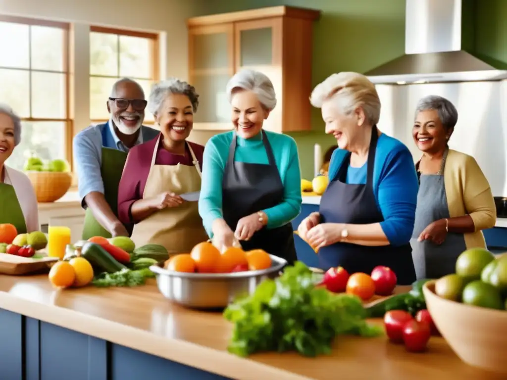 Un grupo de adultos mayores sonrientes participando en una clase de cocina, rodeados de frutas, verduras y utensilios. La luz del sol ilumina la escena, transmitiendo una sensación de comunidad, bienestar y la importancia de la nutrición en la tercera edad.