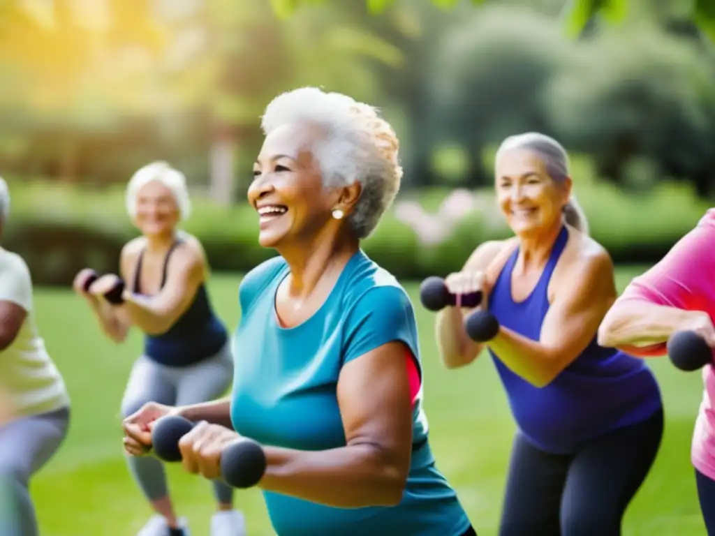 Un grupo de adultos mayores sonrientes participa en una clase de ejercicio al aire libre, rodeados de naturaleza, promoviendo la prevención de pérdida ósea en adultos mayores.
