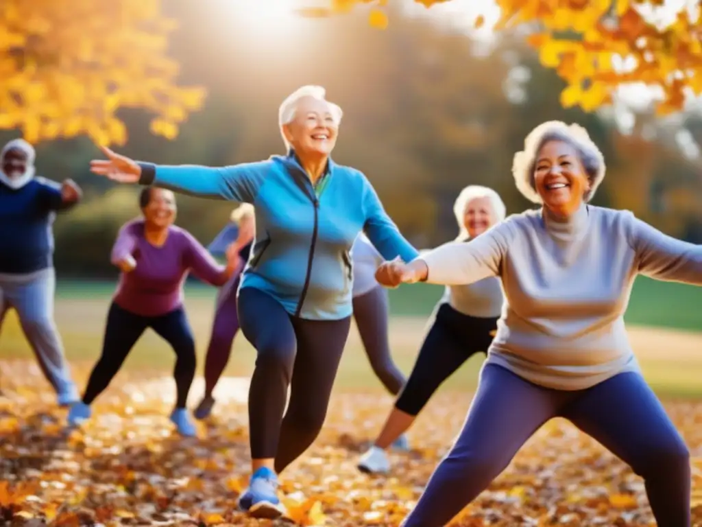 Un grupo de adultos mayores sonrientes participando en una animada clase de ejercicio al aire libre, rodeados de hojas de otoño vibrantes y un cielo azul claro. El sol proyecta un cálido resplandor en la escena, resaltando las expresiones alegres de los participantes mientras se estiran y