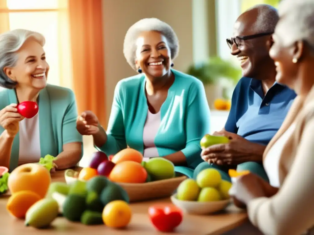 'Grupo de adultos mayores sonrientes disfrutando de una animada conversación rodeados de alimentos vibrantes y suplementos de vitaminas B para adultos mayores en una habitación luminosa y soleada.'