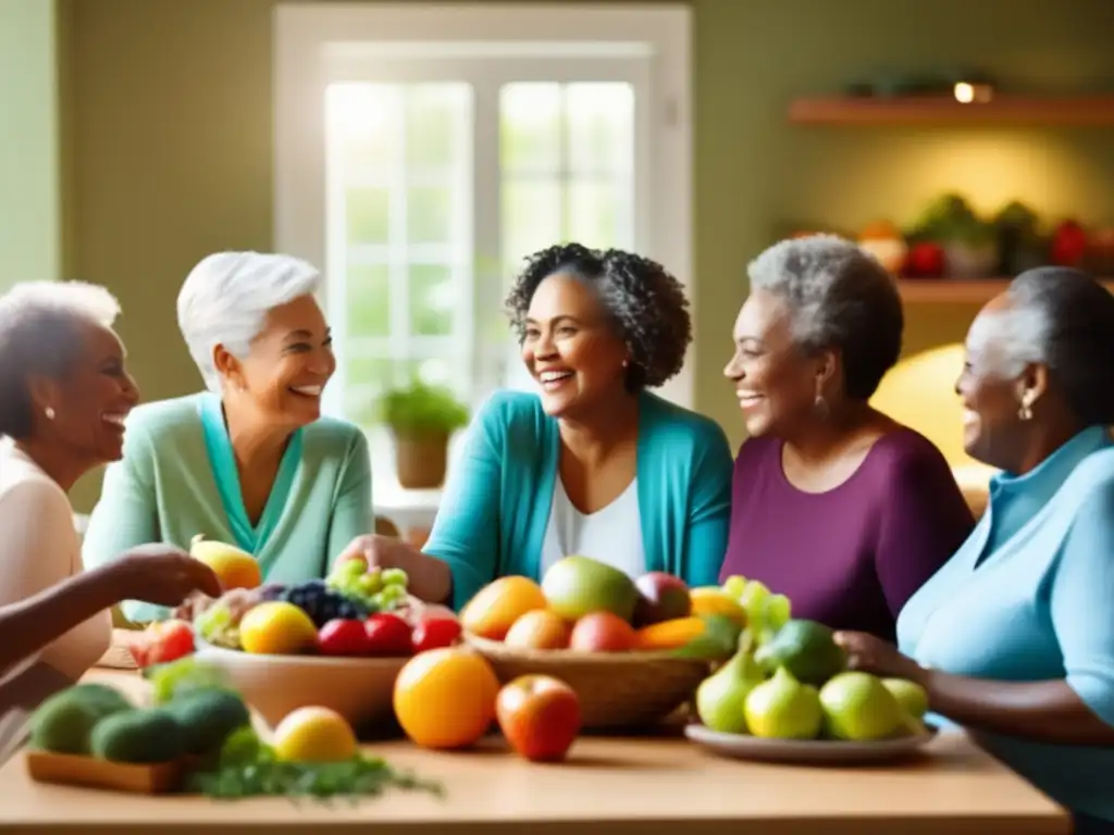 Un grupo de adultos mayores sonrientes disfrutando de una comida saludable y colorida juntos, en un ambiente cálido y acogedor. <b>Nutrición saludable para adultos mayores.