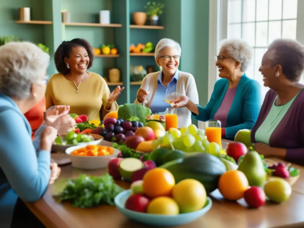 Un grupo de adultos mayores participa en un taller de nutrición con frutas, verduras y suplementos nutricionales. La nutricionista lidera la dinámica.