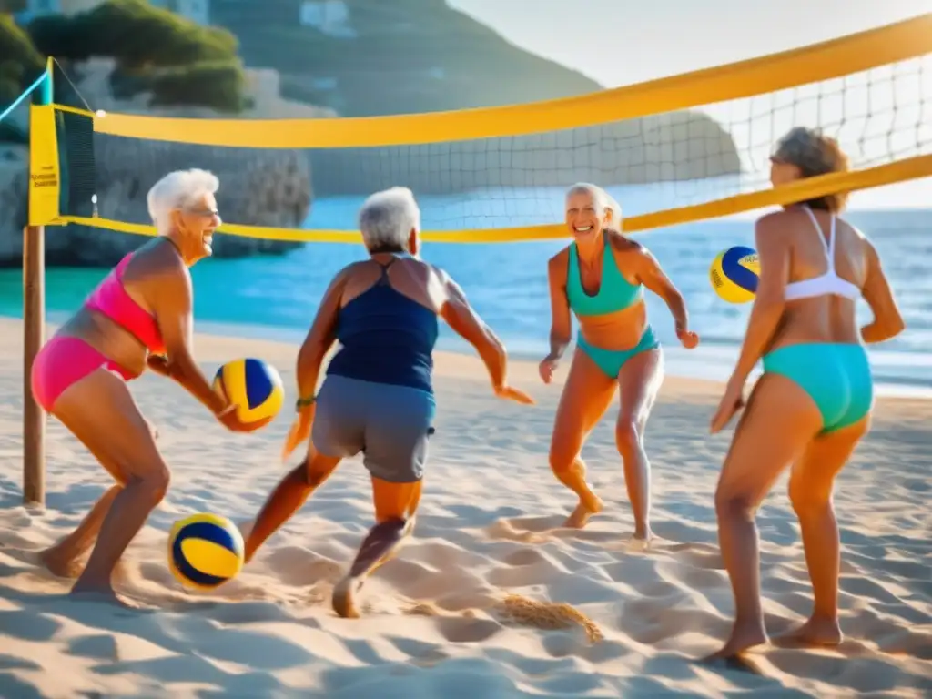 Un grupo de adultos mayores disfrutando de un vibrante juego de voleibol en la playa, rodeados de frutas y verduras frescas, encarnando la esencia de la 