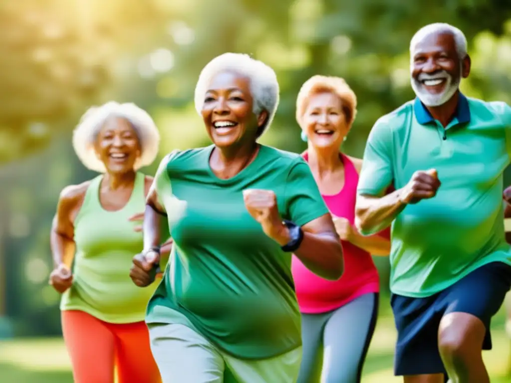 Un grupo de adultos mayores vibrantes y diversos disfruta de ejercicio al aire libre, rodeados de naturaleza y equipo colorido. Sonríen y se divierten, demostrando vitalidad y energía. Instructores y cuidadores los apoyan, destacando la importancia de probióticos en adultos mayores.
