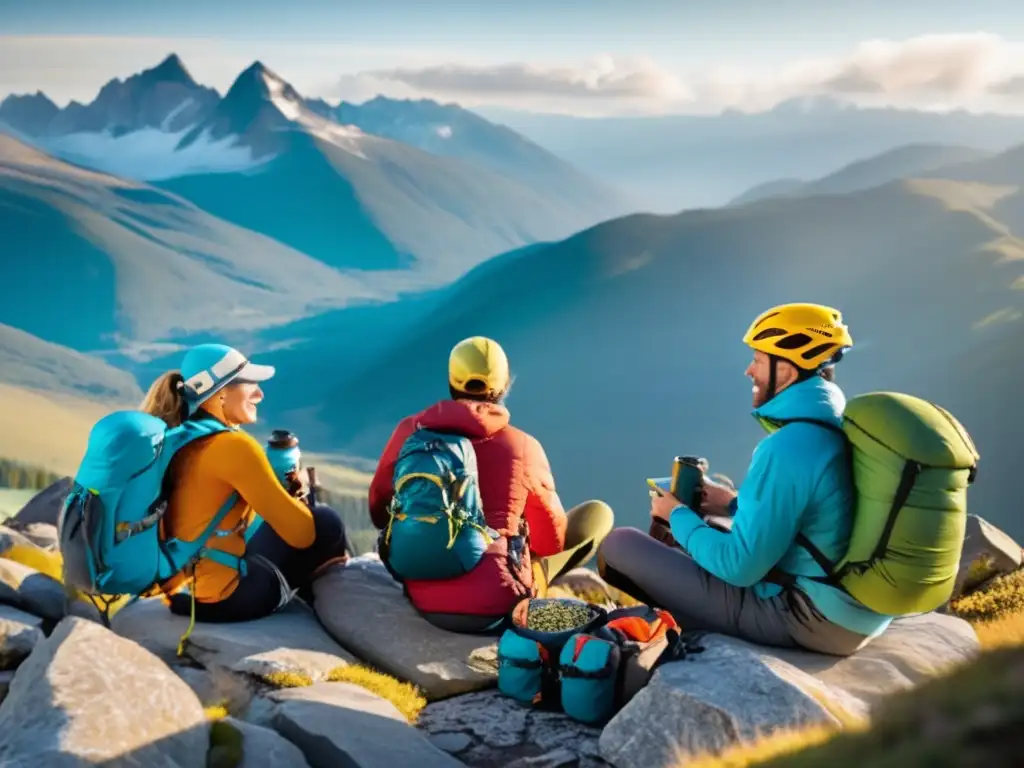 Un grupo de alpinistas descansando y comiendo alimentos para escalada, con una impresionante cordillera de fondo.