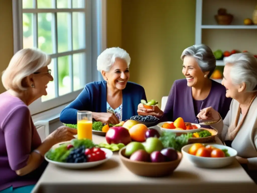 Un grupo de ancianos disfruta de una animada comida saludable, mejorando la relación con la comida en la vejez.