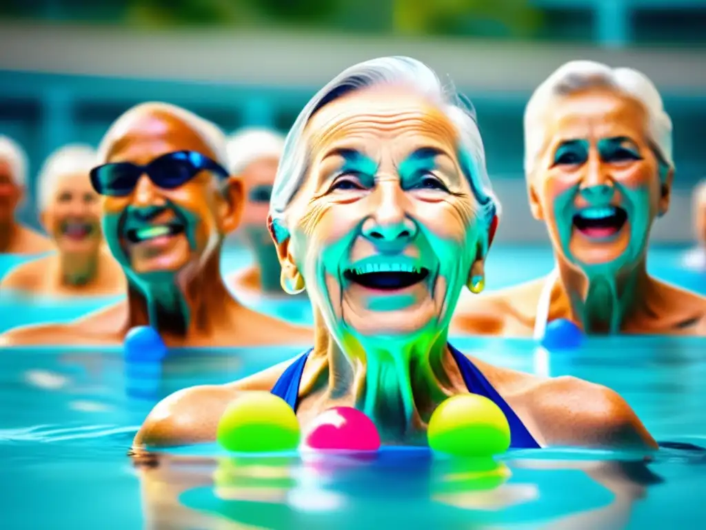 Un grupo de ancianos disfruta de una clase de aeróbicos acuáticos en un centro comunitario moderno y bien iluminado, resaltando la importancia de la hidratación en la prevención de enfermedades relacionadas con la vejez. Las expresiones alegres y dinámicas transmiten vitalidad y