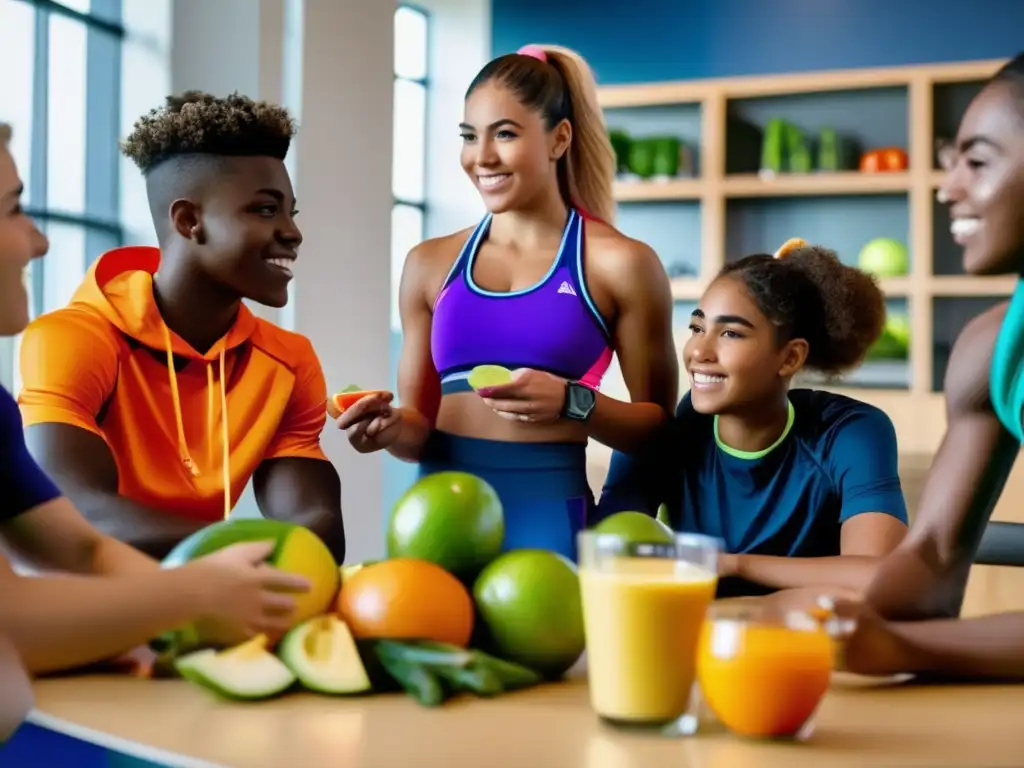 Nutrición para atletas adolescentes: ¡energía y vitalidad! Un grupo de atletas adolescentes diversos escucha atentamente a una nutricionista mientras les explica la importancia de una dieta equilibrada para el rendimiento deportivo óptimo. La nutricionista sostiene una variedad vibrante de frutas y verduras, con un batido colorido cerca, mostrando los nutrient
