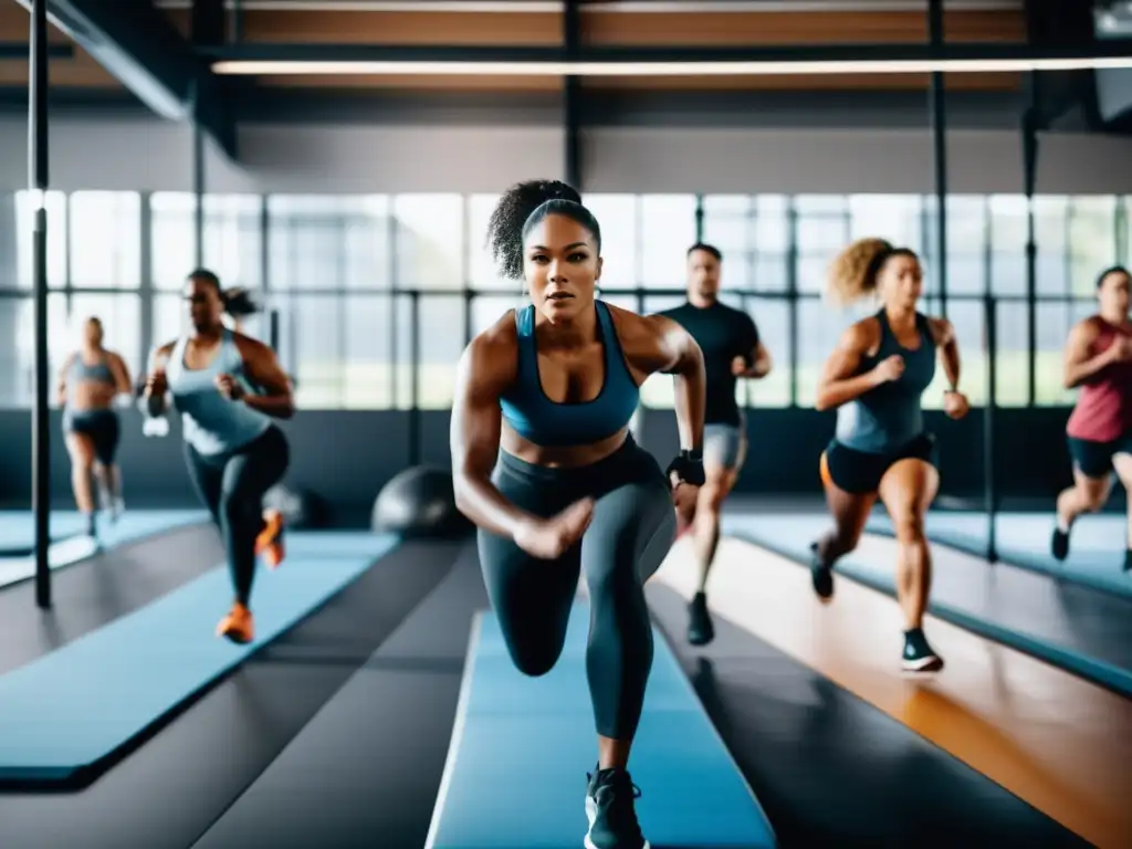 Un grupo de atletas diversos se ejercita en un gimnasio moderno, mostrando fuerza, agilidad y determinación en una sesión de entrenamiento de alta intensidad. La imagen refleja la energía vibrante y la disciplina necesaria para destacar en un estilo de vida de dieta vegana y ejercicio saludable.