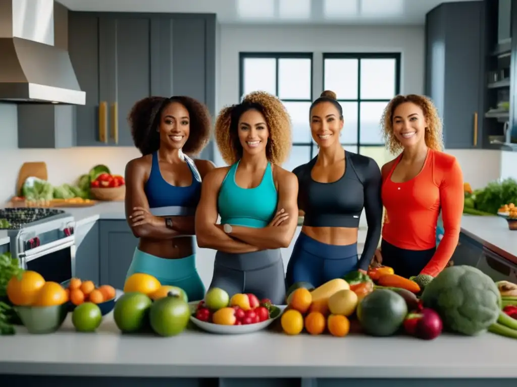Un grupo de atletas profesionales preparando alimentos saludables en una cocina espaciosa y moderna. <b>Nutrición deportiva para mujeres.