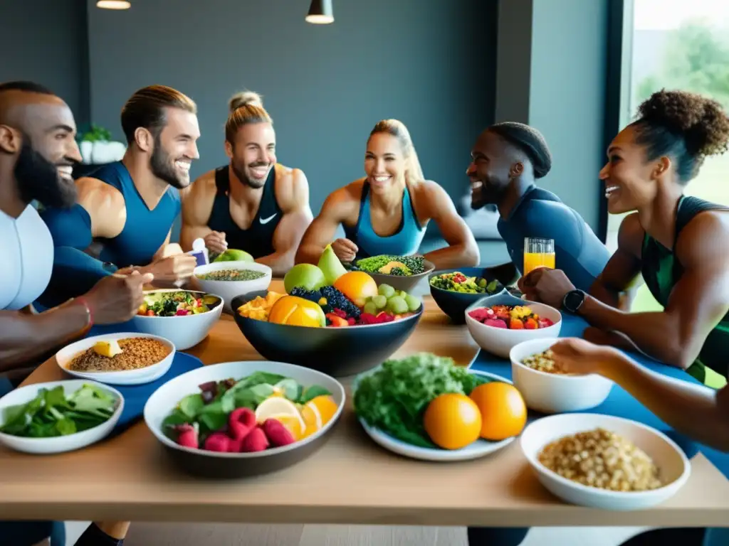 Comida post-entrenamiento de atletas: Nutrición óptima y energía Un grupo de atletas profesionales disfruta de una comida post-entrenamiento con alimentos estrella para deportistas, en un ambiente moderno y profesional.