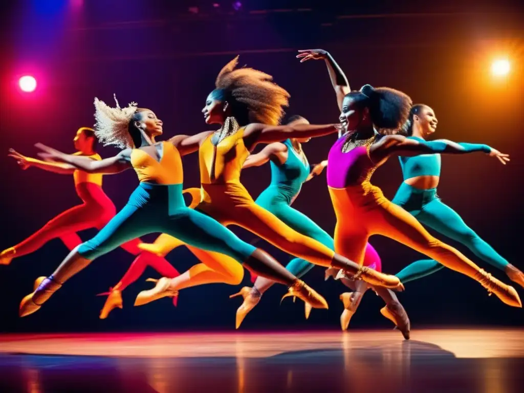 Un grupo de bailarines profesionales en coloridos trajes ajustados ejecutando movimientos gráciles y atléticos en el escenario, transmitiendo la importancia de la alimentación saludable para performance artística.
