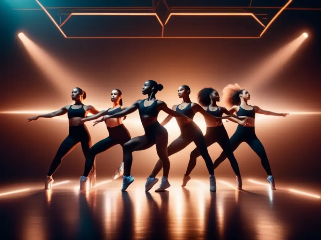 Un grupo de bailarines profesionales en ropa deportiva realizando una rutina sincronizada en el escenario, iluminados por luces brillantes. El diseño escénico moderno realza la imagen, que captura la intersección del arte y el deporte en el contexto de un estilo de vida saludable y equilibrado