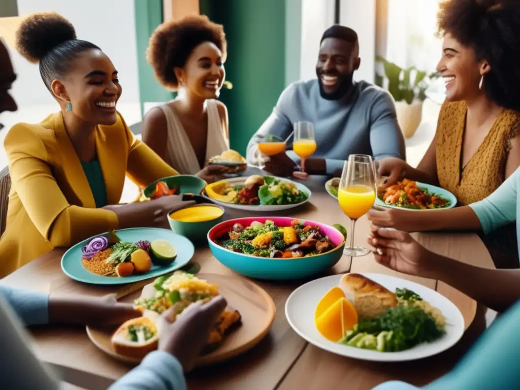 Un grupo disfruta de una comida, adaptándose a alergias alimentarias. <b>Vida saludable alergias alimentarias adaptarse.