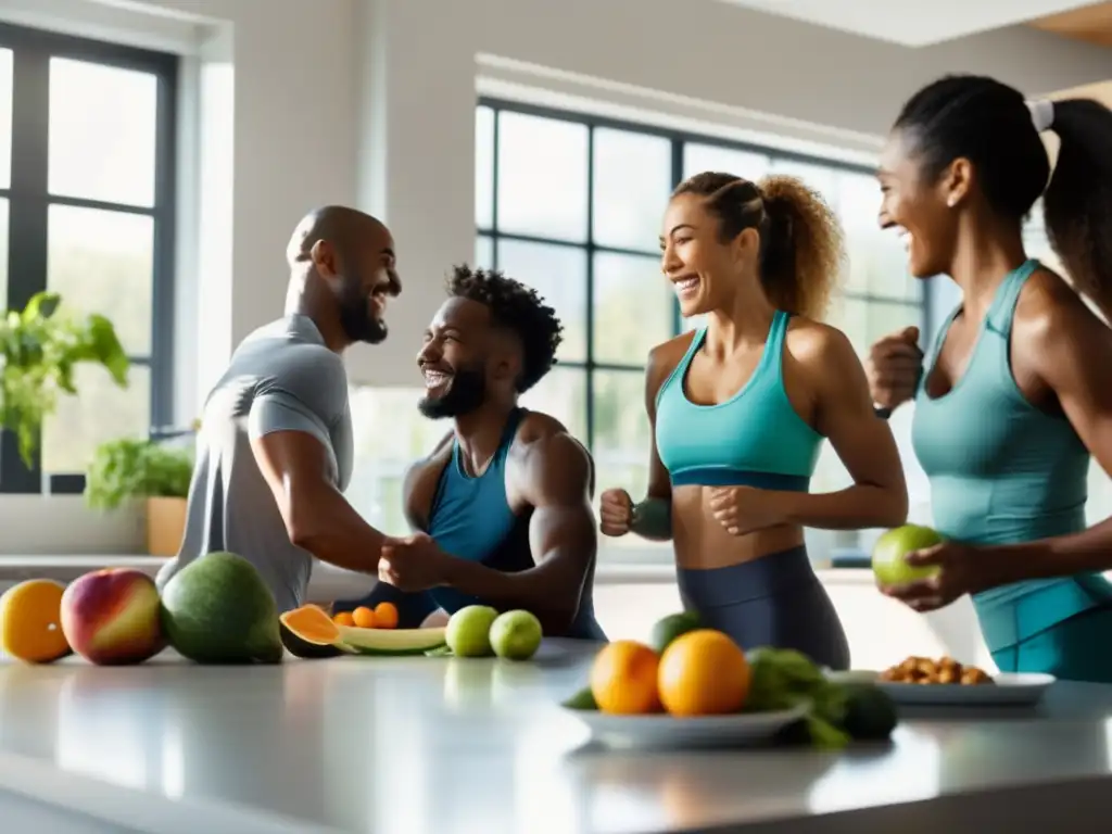Un grupo de corredores diversos se estira y disfruta de una dieta saludable en una cocina moderna y luminosa. Transmiten energía y motivación, promoviendo un estilo de vida activo y equilibrado.