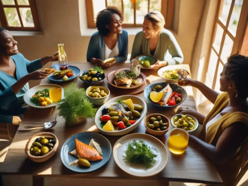 Un grupo disfruta de una deliciosa comida mediterránea en una mesa, resaltando los beneficios de la dieta mediterránea.