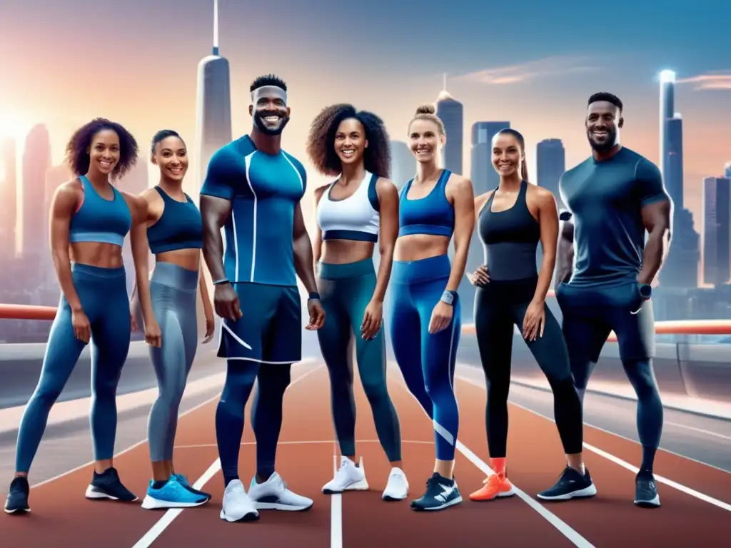 Un grupo de deportistas profesionales en ropa deportiva moderna, posando en una pista con un fondo de una ciudad futurista. <b>Transmiten vitalidad y salud, con un producto probiótico destacado.</b> <b>Beneficios probióticos para deportistas.