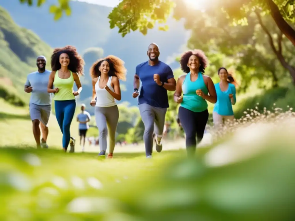 Un grupo diverso disfruta de actividades al aire libre en un parque verde y soleado, reflejando la transformación de vida con Guías Alimentarias.