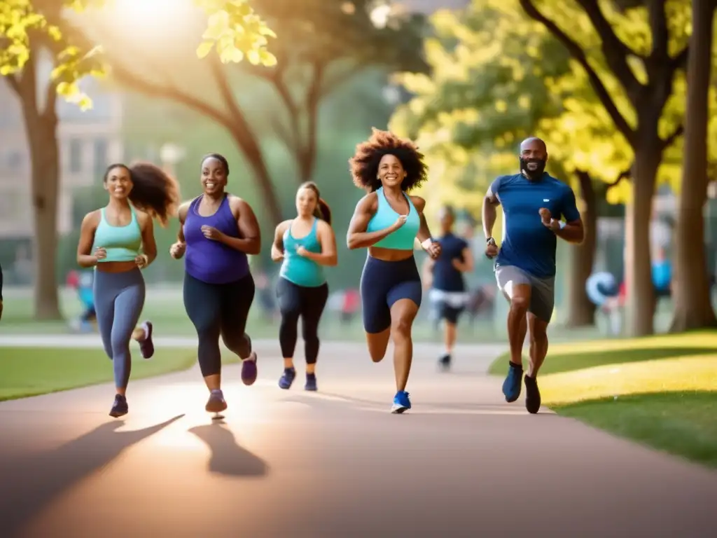 Un grupo diverso disfruta de actividades físicas en un parque urbano soleado, transmitiendo vitalidad y la importancia de la alimentación saludable para prevenir obesidad y diabetes.