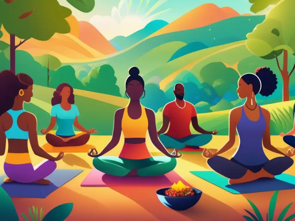 Un grupo diverso disfruta de actividades saludables como yoga, running y meditación en un entorno exuberante. <b>Refleja vitalidad, equilibrio y comunidad, capturando las tendencias de alimentación saludable de la década.