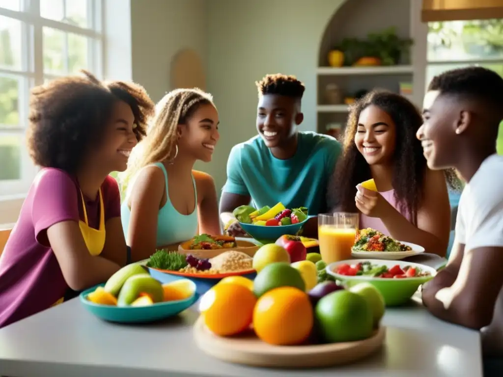 Un grupo diverso de adolescentes disfruta de una comida colorida y nutritiva juntos, promoviendo la importancia de la nutrición en diferentes etapas de vida.