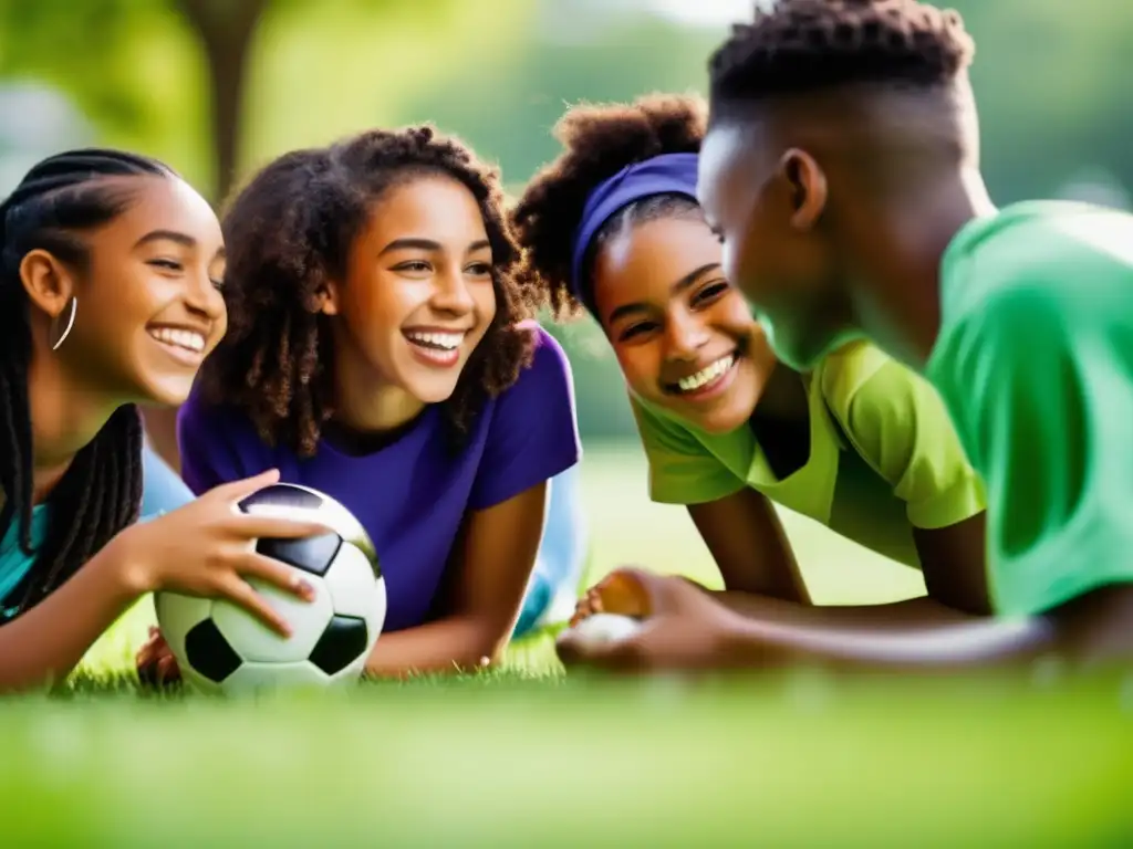 Un grupo diverso de adolescentes sonrientes disfrutando de una actividad al aire libre, transmitiendo alegría y amistad. <b>Prevención de anorexia y bulimia.