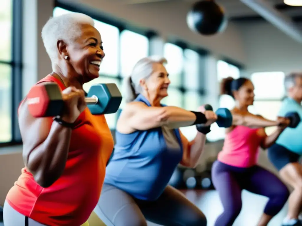 Un grupo diverso de adultos mayores se ejercita con determinación en un gimnasio moderno y bien equipado, con una atmósfera de camaradería y empoderamiento. La imagen destaca la importancia de la alimentación saludable para mantener músculo.