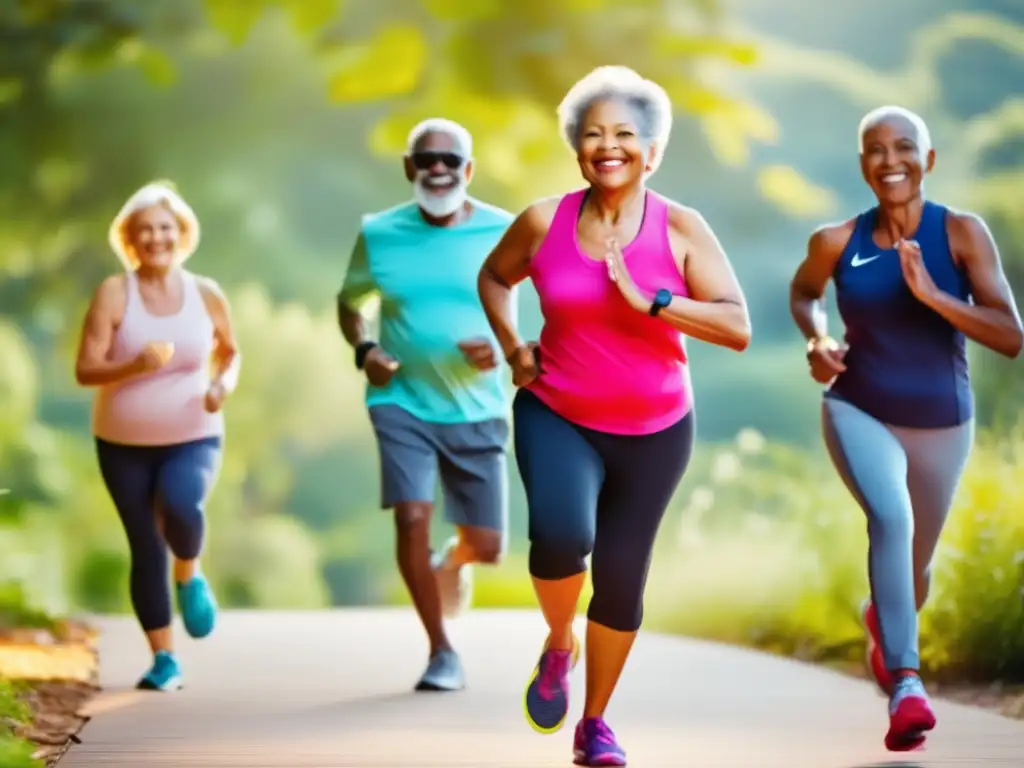 Un grupo diverso de adultos mayores activos participa en diversas actividades fitness al aire libre, irradiando vitalidad y energía. <b>Suplementos esenciales para mayores de 50.