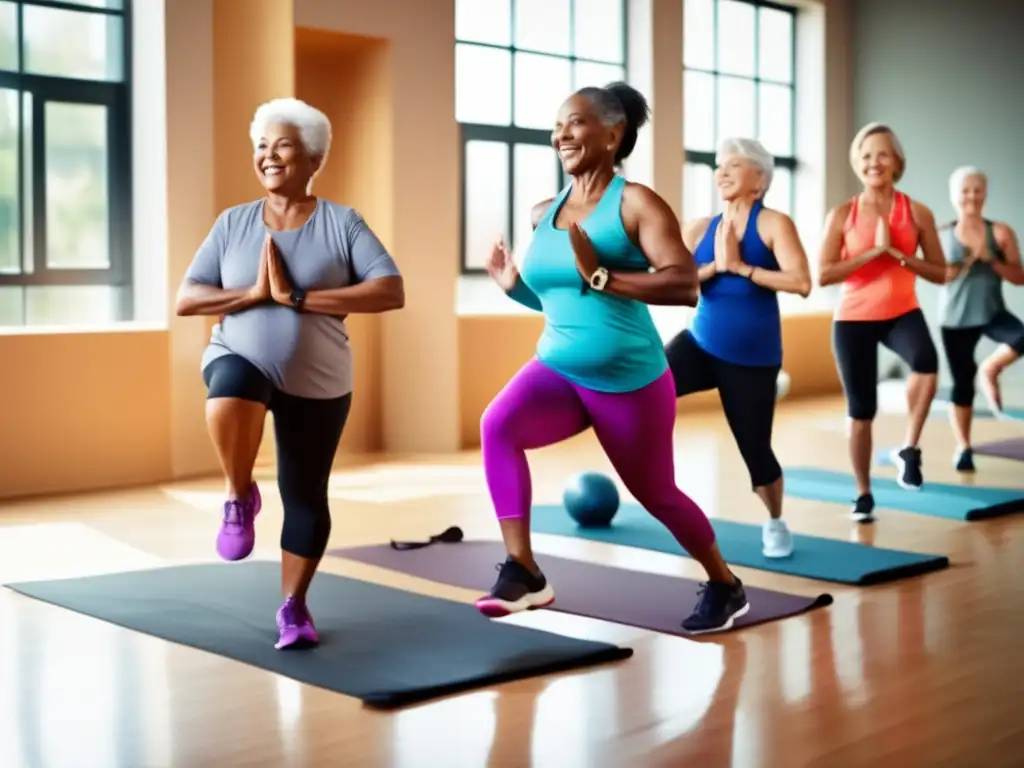 Un grupo diverso de adultos mayores activos realizando yoga, jogging y levantamiento de pesas en un gimnasio moderno y luminoso. Muestra vitalidad y energía, resaltando la importancia de los suplementos esenciales para mayores de 50.