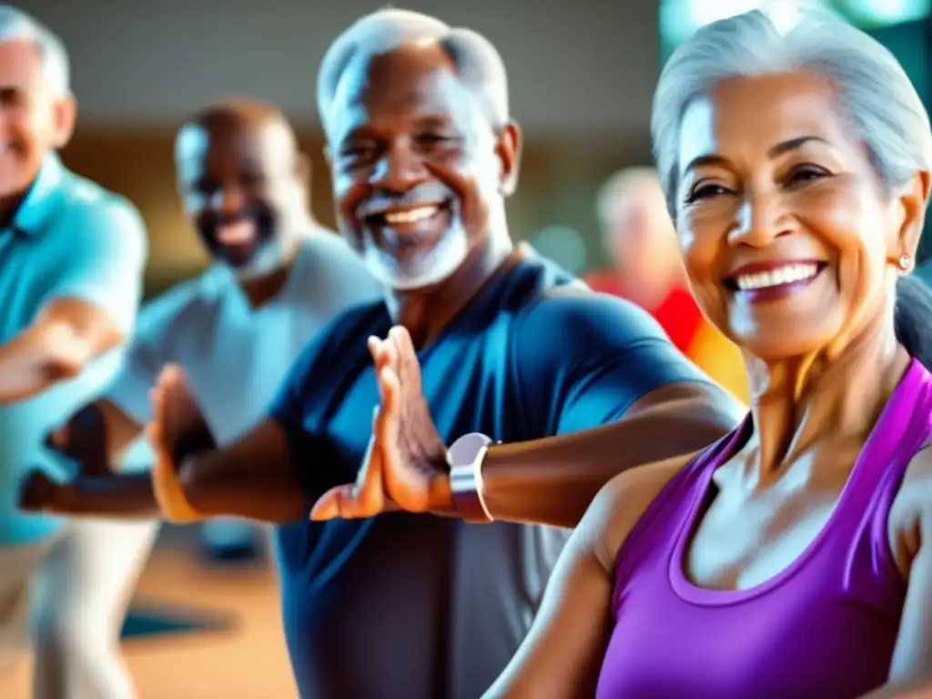 Un grupo diverso de adultos mayores sonrientes realizando ejercicios de peso en un moderno gimnasio bien iluminado. Transmiten vitalidad y bienestar, mostrando la efectividad de los suplementos de calcio para prevenir la pérdida ósea en adultos mayores.