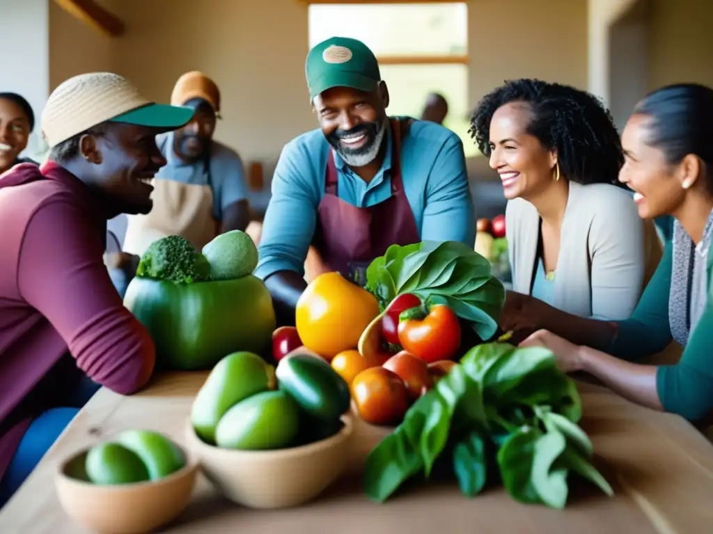 Un grupo diverso de agricultores se reúne en una mesa compartiendo productos frescos. La imagen transmite la conexión entre agricultores y la nutrición sostenible.