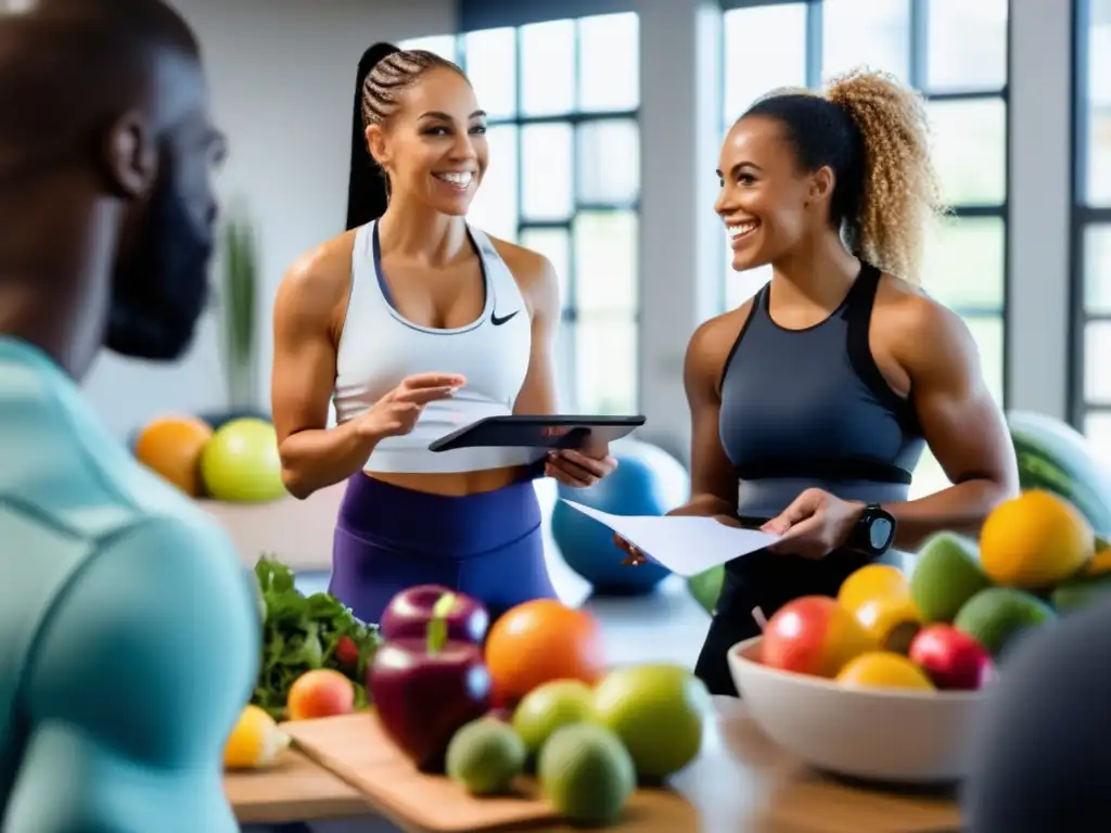 Un grupo diverso se reúne en un ambiente positivo y colorido, rodeado de frutas, verduras y equipo de fitness, promoviendo la importancia del asesoramiento nutricional.