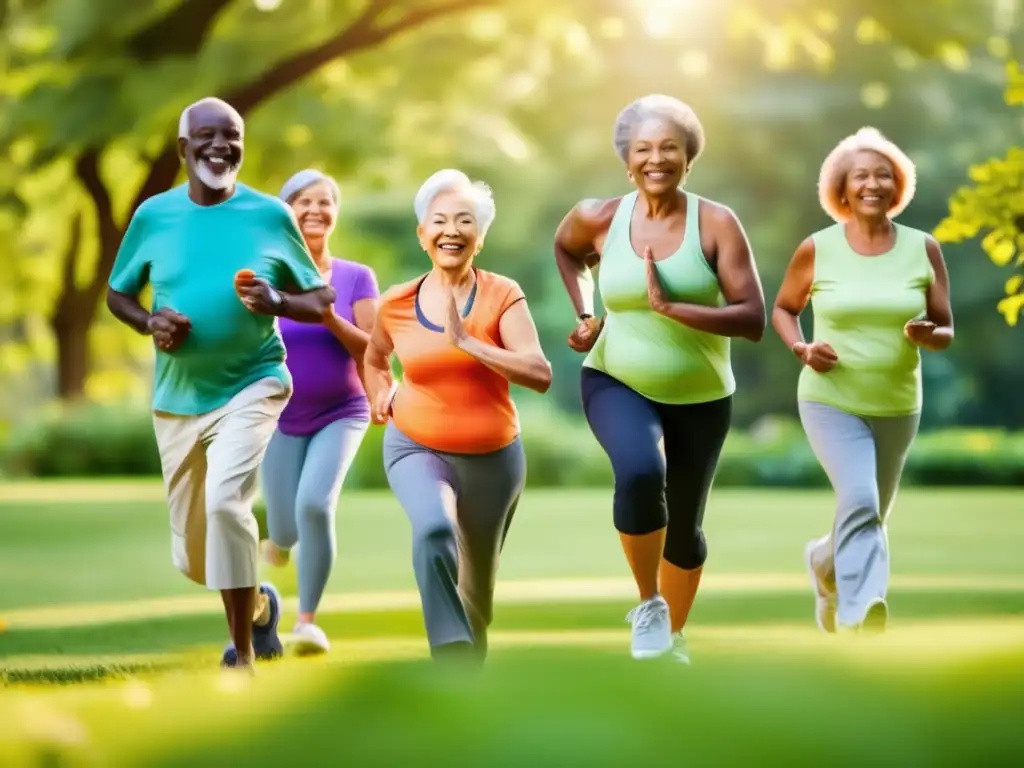 Un grupo diverso de ancianos disfruta de actividades al aire libre como yoga, footing y jardinería en un parque vibrante y exuberante. La luz del sol ilumina sus rostros sonrientes, mostrando la alegría y vitalidad que se logra con un estilo de vida activo y saludable. Los