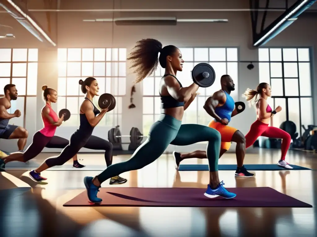 Un grupo diverso de atletas en acción, mostrando los beneficios de los Omegas en nutrición deportiva en un gimnasio moderno y vibrante.