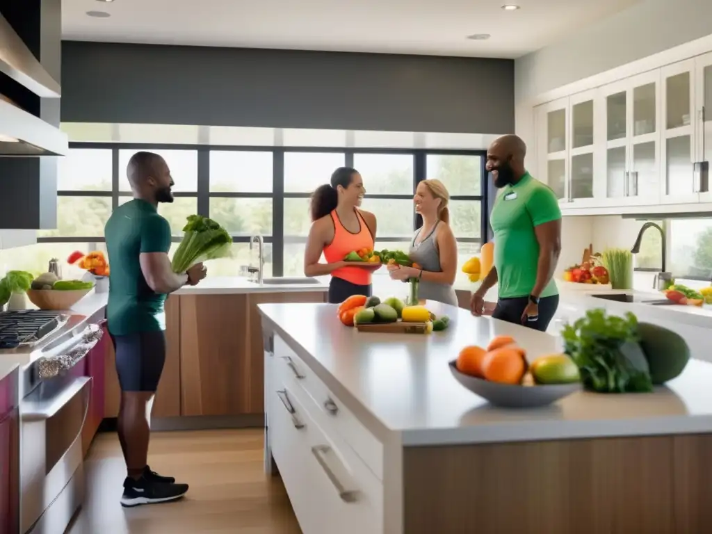 Un grupo diverso de atletas se reúne en una cocina luminosa para discutir sobre planificación nutricional para carrera deportiva sostenible, rodeados de frutas, vegetales y tecnología moderna.