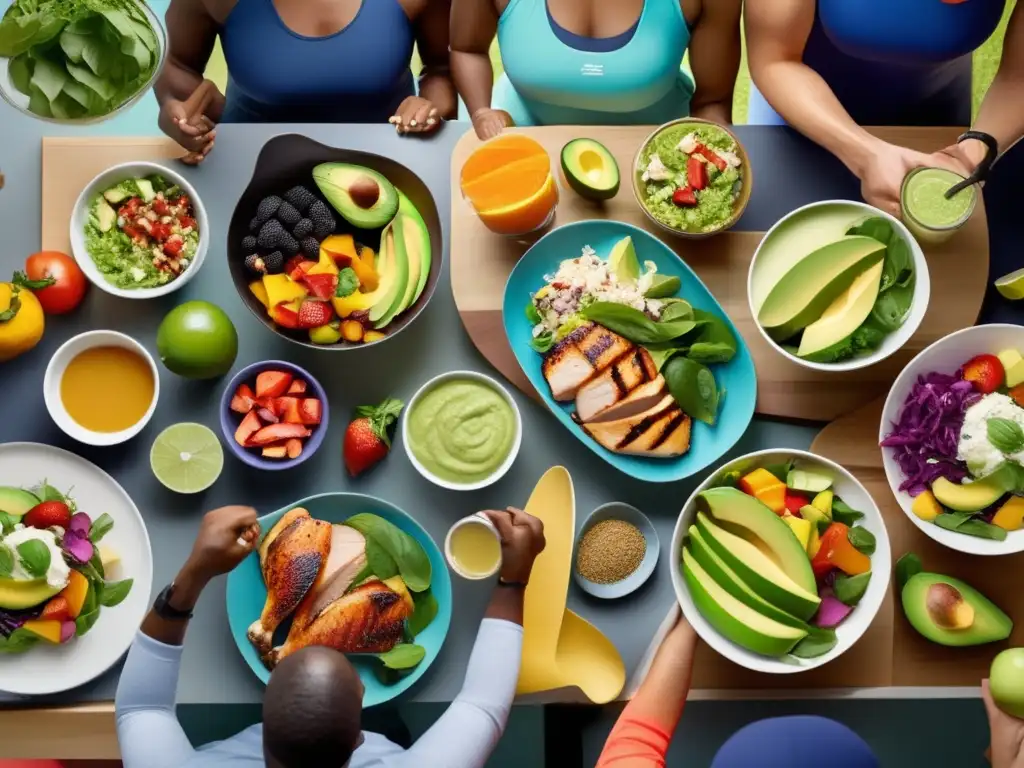 Un grupo diverso de atletas prepara y disfruta de comidas bajas en carbohidratos en una cocina vibrante, compartiendo conocimientos sobre nutrición.