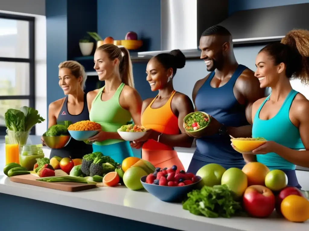 Un grupo diverso de atletas se prepara y disfruta de comidas nutritivas para mejorar la concentración en deportistas.