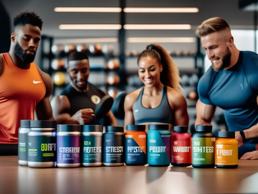 Un grupo diverso de atletas en un gimnasio, tomando suplementos postentrenamiento para recuperación rápida, rodeados de envases modernos y llamativos.