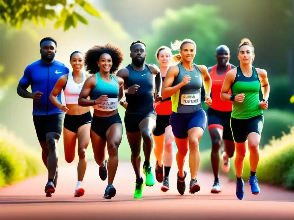 Un grupo diverso de atletas en plena actividad deportiva al aire libre, envueltos en un entorno natural y con una expresión determinada. <b>Captura la esencia de los beneficios de los Omegas en Nutrición Deportiva.