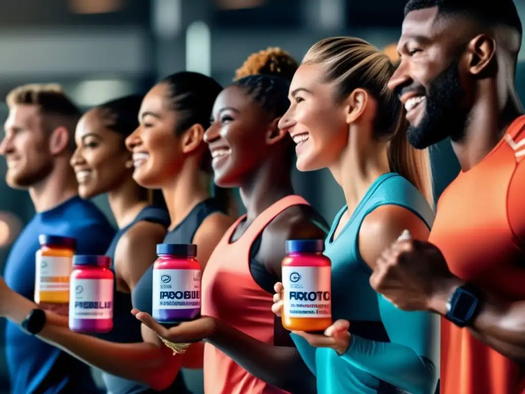 Un grupo diverso de atletas sostiene suplementos probióticos, transmitiendo energía y determinación en un gimnasio moderno y vibrante. <b>Beneficios probióticos para deportistas.