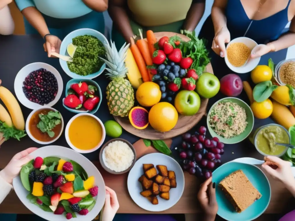 Un grupo diverso comparte comida sin alérgenos en una mesa festiva. <b>Consejos para gestionar alergias alimentarias.