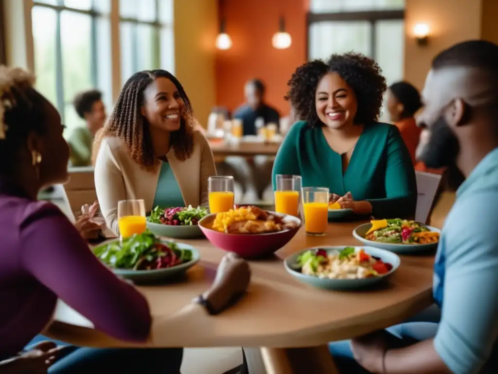 Un grupo diverso comparte una comida mientras conversa en un ambiente cálido y acogedor, fomentando redes de apoyo para comer emocional.